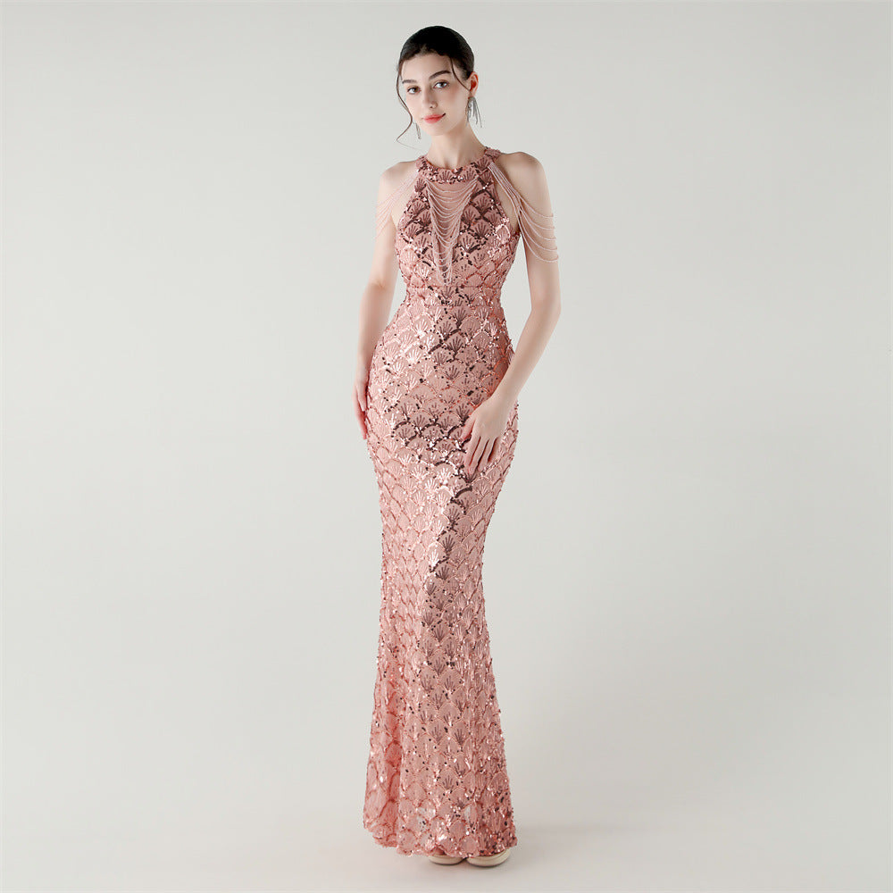2025 High-Neck Draped Gown with Chain Detail & Scale Sequins