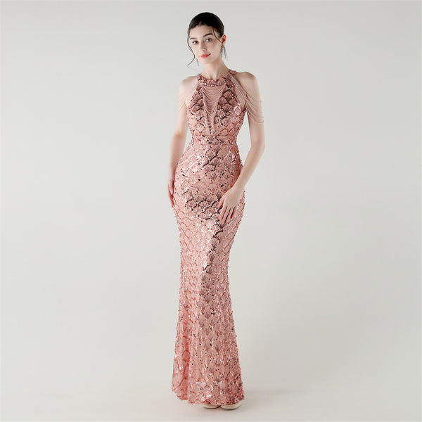 2025 High-Neck Draped Gown with Chain Detail & Scale Sequins