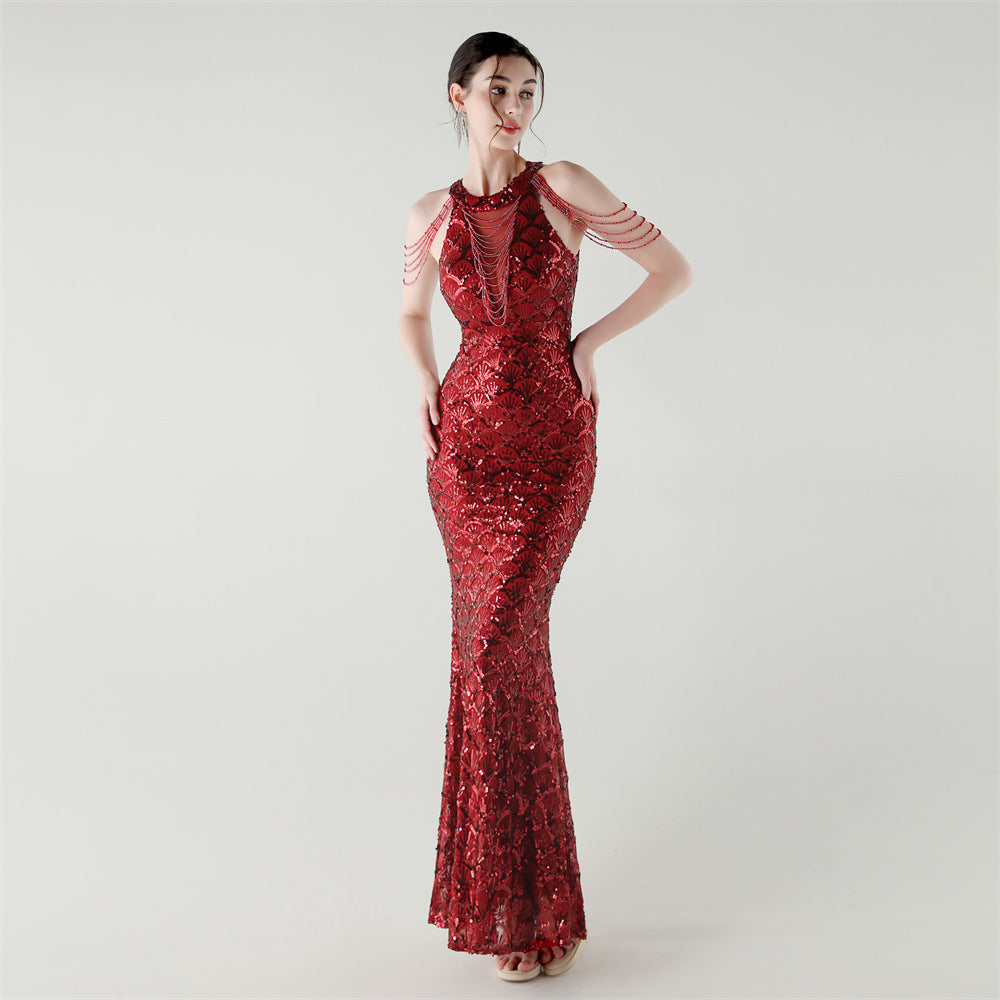 2025 High-Neck Draped Gown with Chain Detail & Scale Sequins
