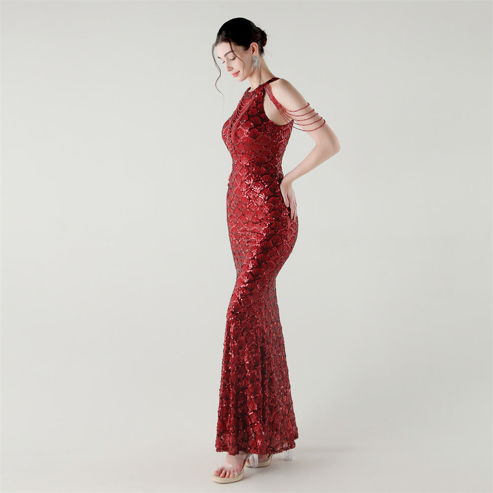 2025 High-Neck Draped Gown with Chain Detail & Scale Sequins