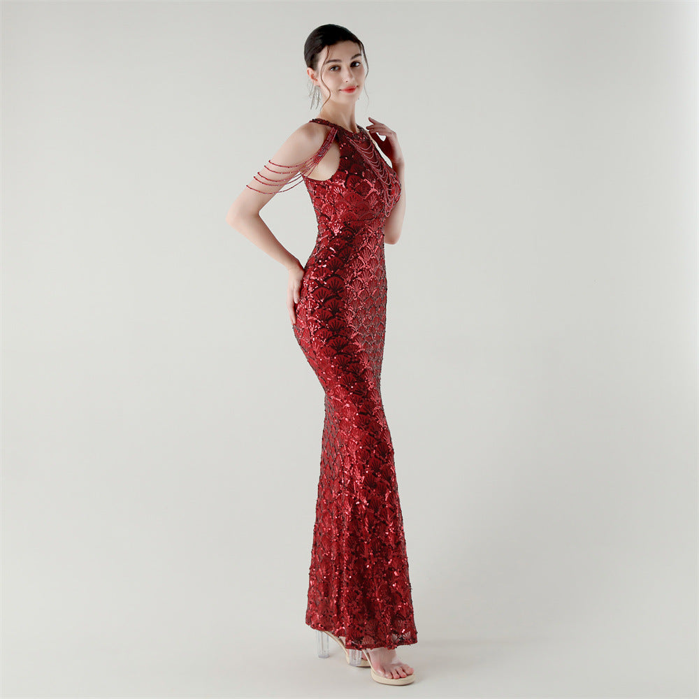 2025 High-Neck Draped Gown with Chain Detail & Scale Sequins