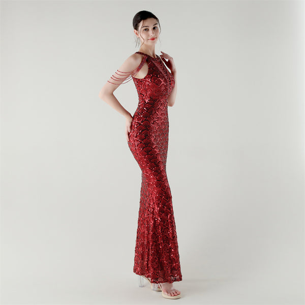 2025 High-Neck Draped Gown with Chain Detail & Scale Sequins