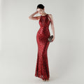 2025 High-Neck Draped Gown with Chain Detail & Scale Sequins