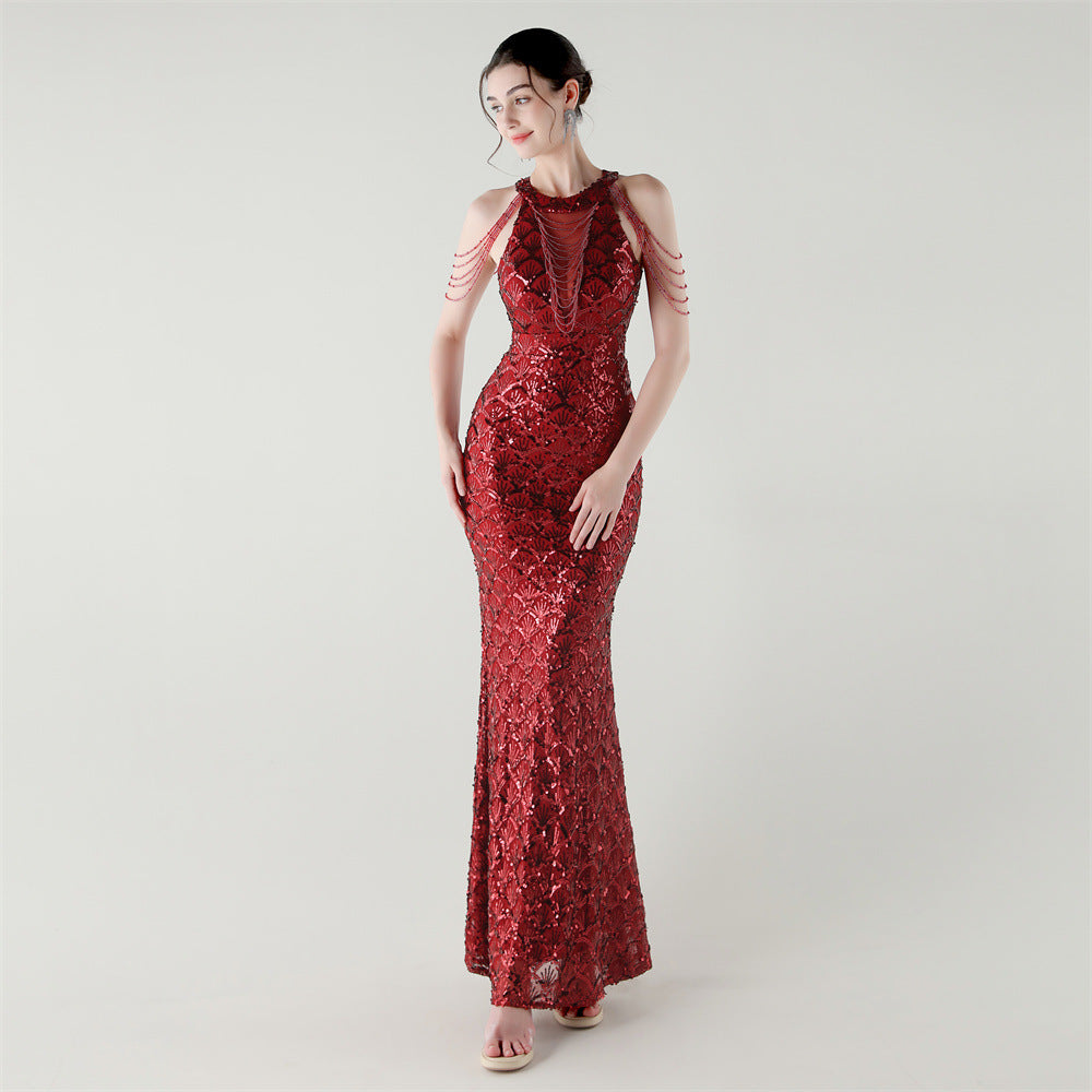 2025 High-Neck Draped Gown with Chain Detail & Scale Sequins