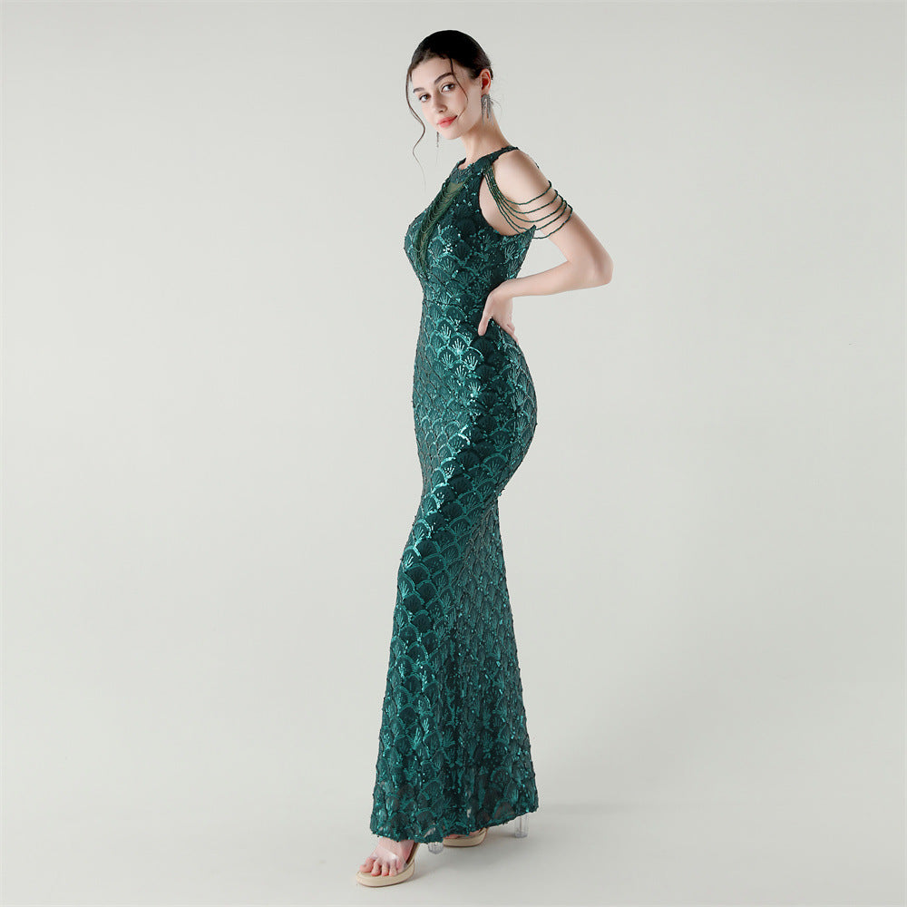2025 High-Neck Draped Gown with Chain Detail & Scale Sequins