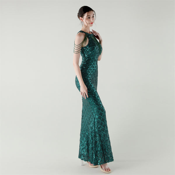 2025 High-Neck Draped Gown with Chain Detail & Scale Sequins