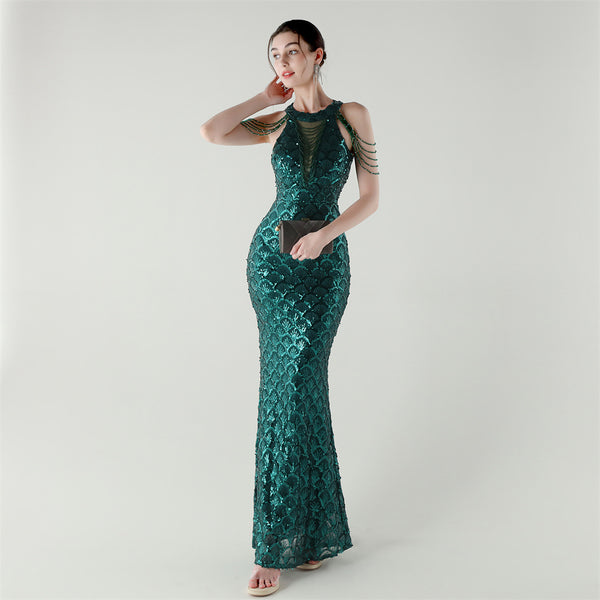 2025 High-Neck Draped Gown with Chain Detail & Scale Sequins