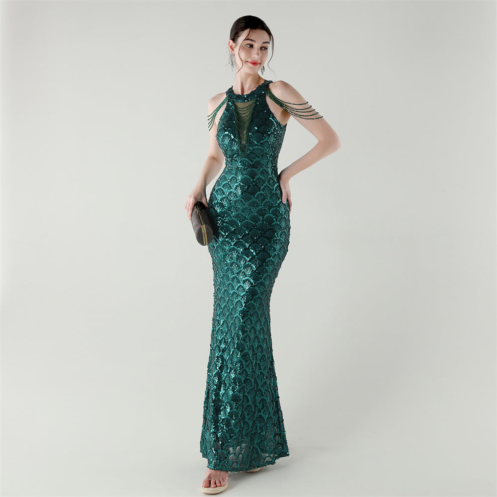 2025 High-Neck Draped Gown with Chain Detail & Scale Sequins