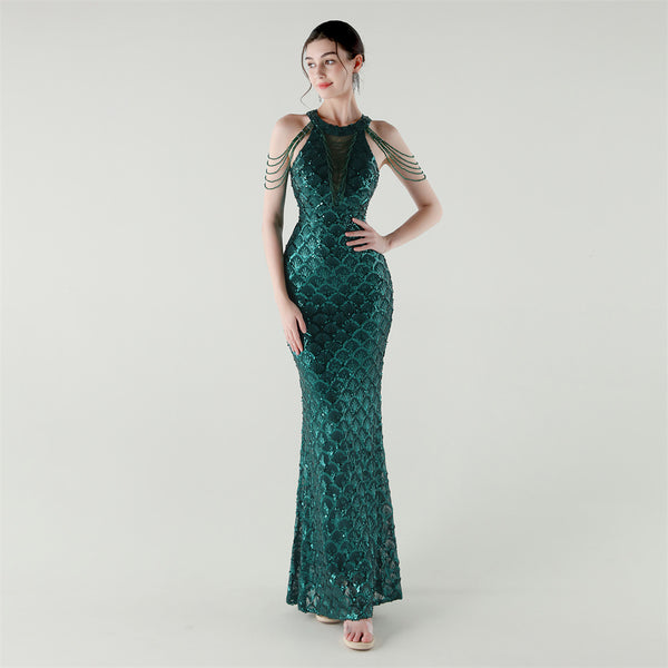 2025 High-Neck Draped Gown with Chain Detail & Scale Sequins