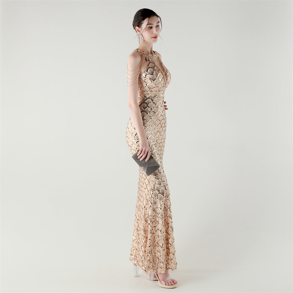 2025 High-Neck Draped Gown with Chain Detail & Scale Sequins