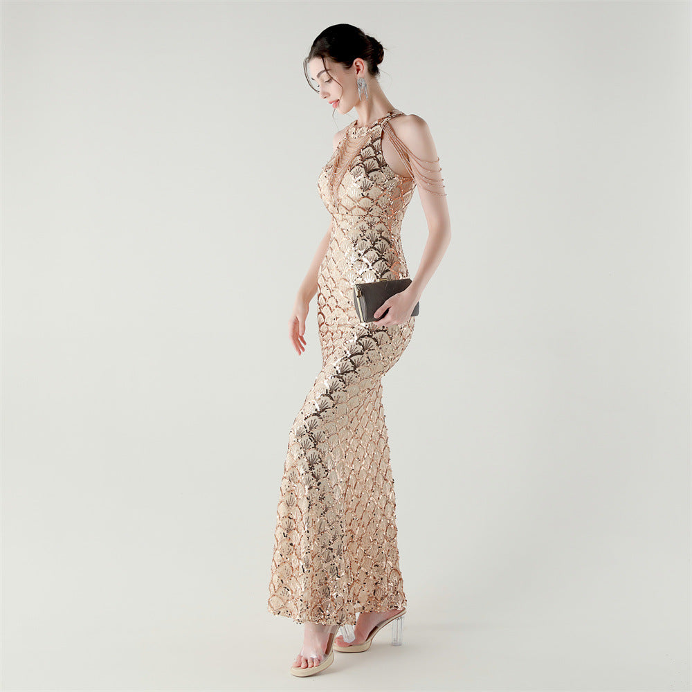 2025 High-Neck Draped Gown with Chain Detail & Scale Sequins