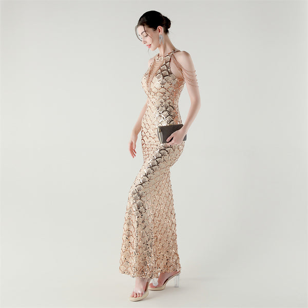 2025 High-Neck Draped Gown with Chain Detail & Scale Sequins