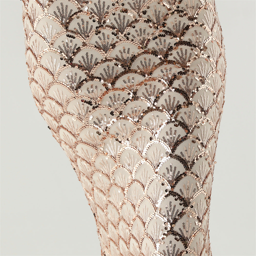 2025 High-Neck Draped Gown with Chain Detail & Scale Sequins