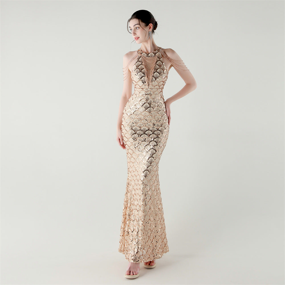 2025 High-Neck Draped Gown with Chain Detail & Scale Sequins