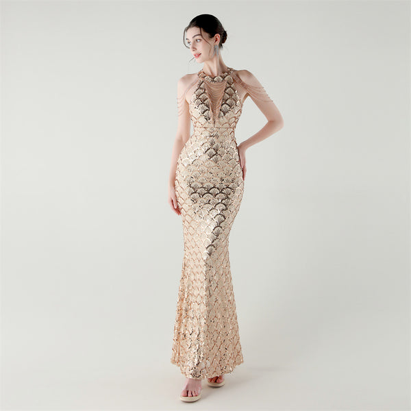 2025 High-Neck Draped Gown with Chain Detail & Scale Sequins