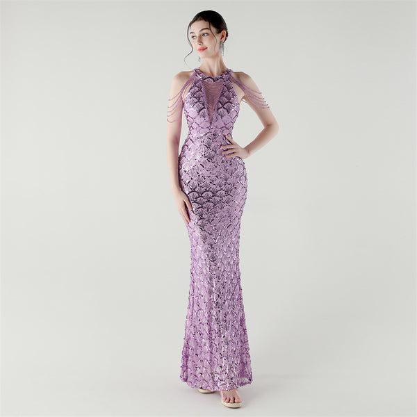 2025 High-Neck Draped Gown with Chain Detail & Scale Sequins