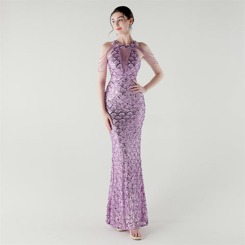2025 High-Neck Draped Gown with Chain Detail & Scale Sequins
