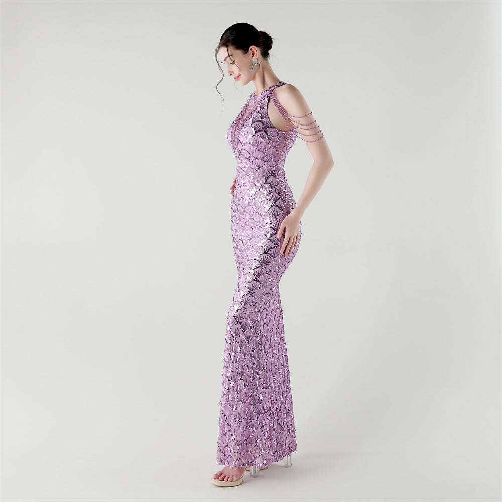 2025 High-Neck Draped Gown with Chain Detail & Scale Sequins