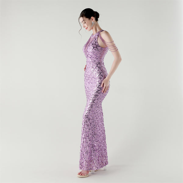 2025 High-Neck Draped Gown with Chain Detail & Scale Sequins