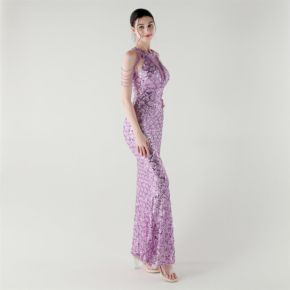 2025 High-Neck Draped Gown with Chain Detail & Scale Sequins