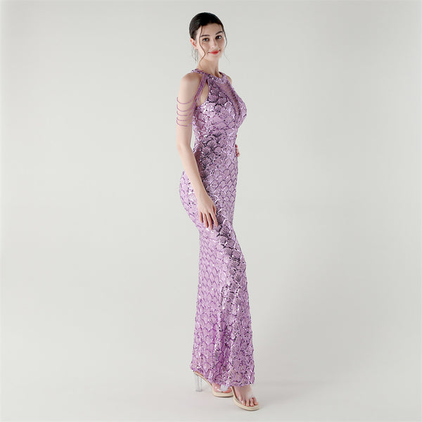 2025 High-Neck Draped Gown with Chain Detail & Scale Sequins