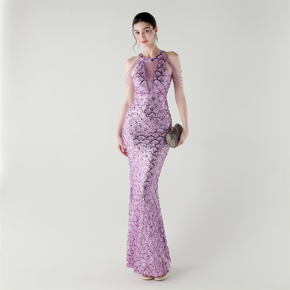 2025 High-Neck Draped Gown with Chain Detail & Scale Sequins