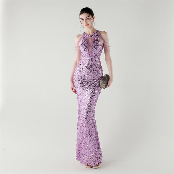 2025 High-Neck Draped Gown with Chain Detail & Scale Sequins