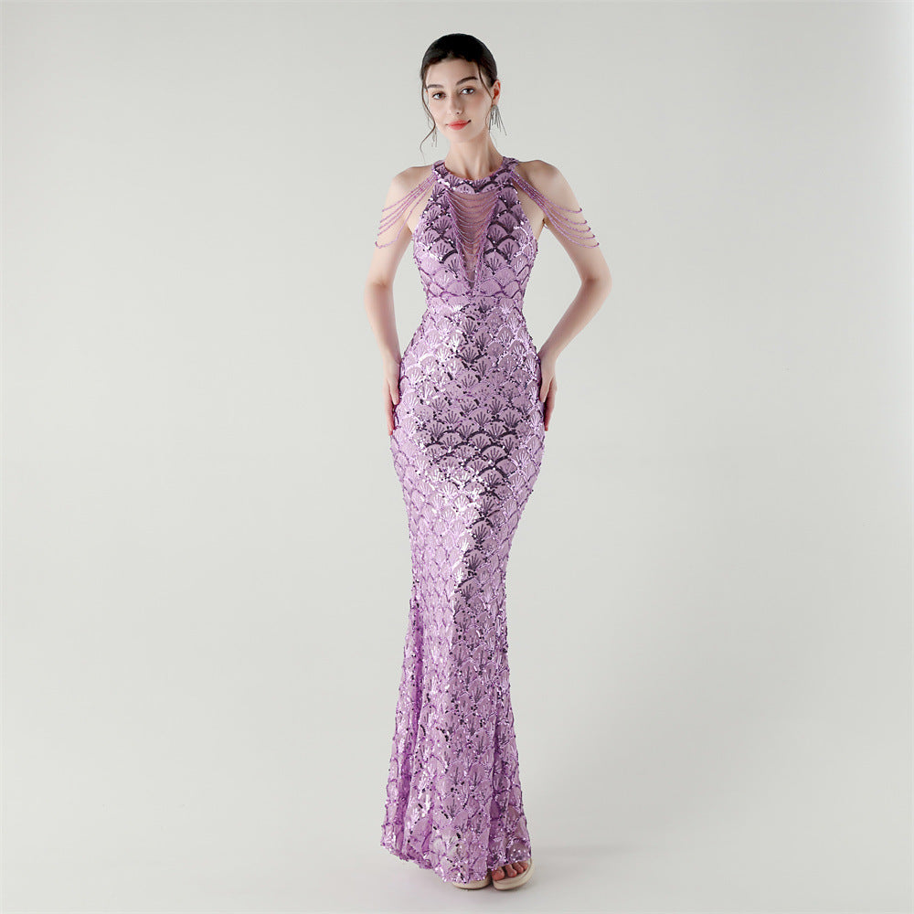 2025 High-Neck Draped Gown with Chain Detail & Scale Sequins
