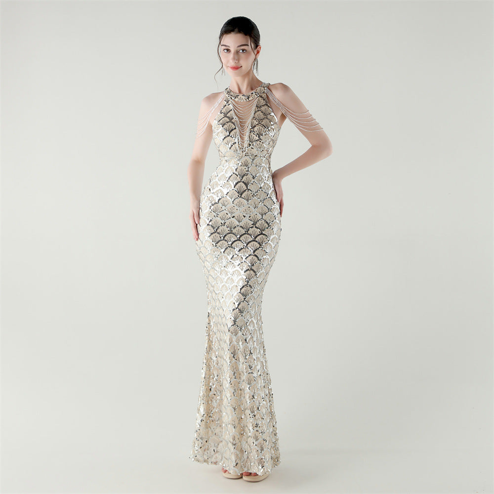 2025 High-Neck Draped Gown with Chain Detail & Scale Sequins