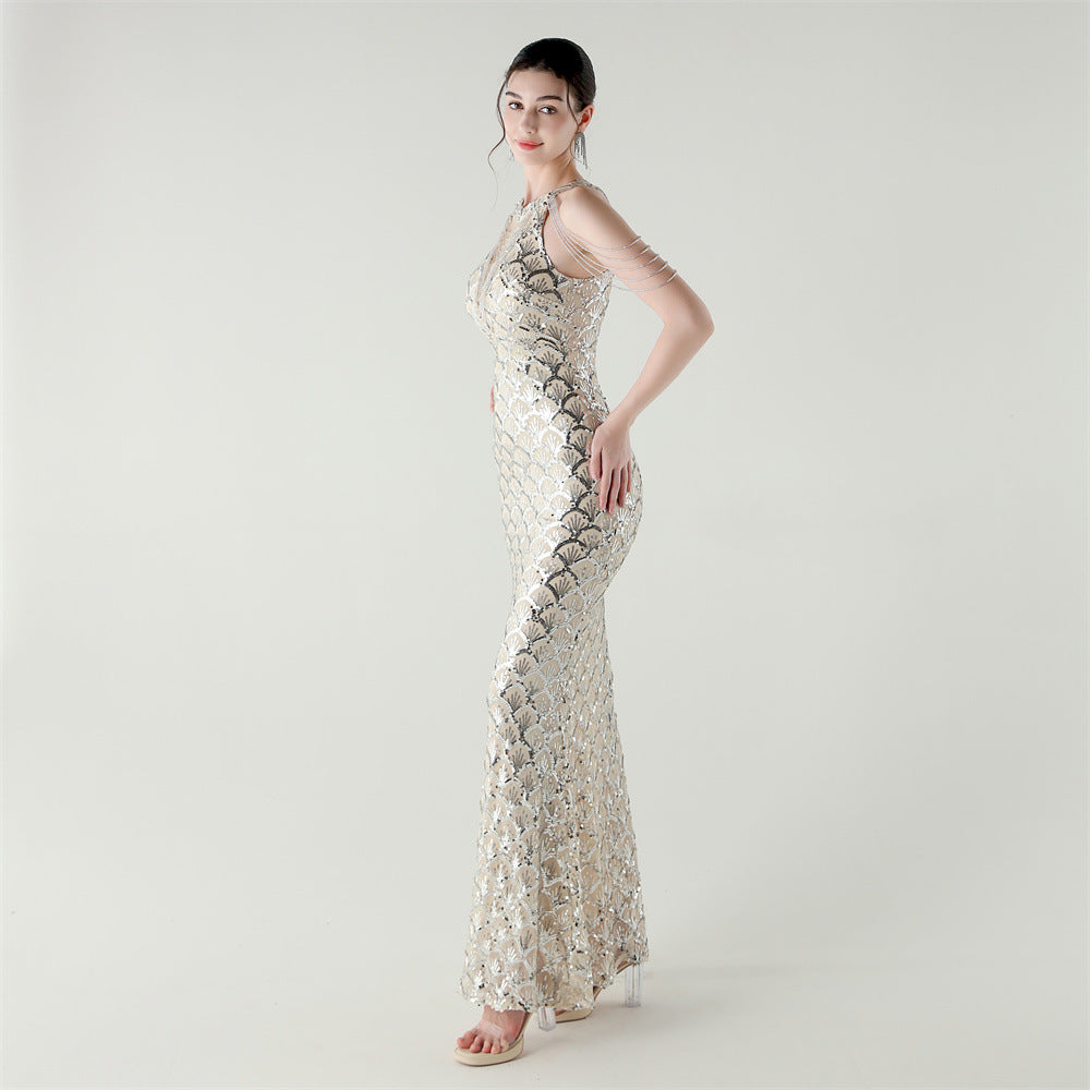 2025 High-Neck Draped Gown with Chain Detail & Scale Sequins