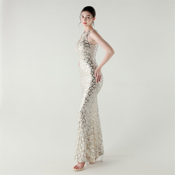 2025 High-Neck Draped Gown with Chain Detail & Scale Sequins