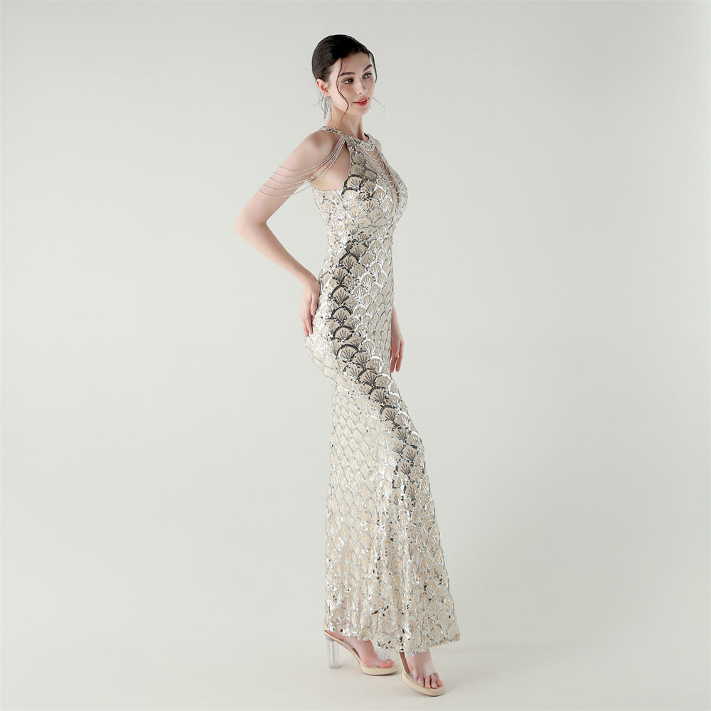 2025 High-Neck Draped Gown with Chain Detail & Scale Sequins