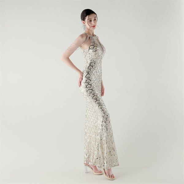 2025 High-Neck Draped Gown with Chain Detail & Scale Sequins