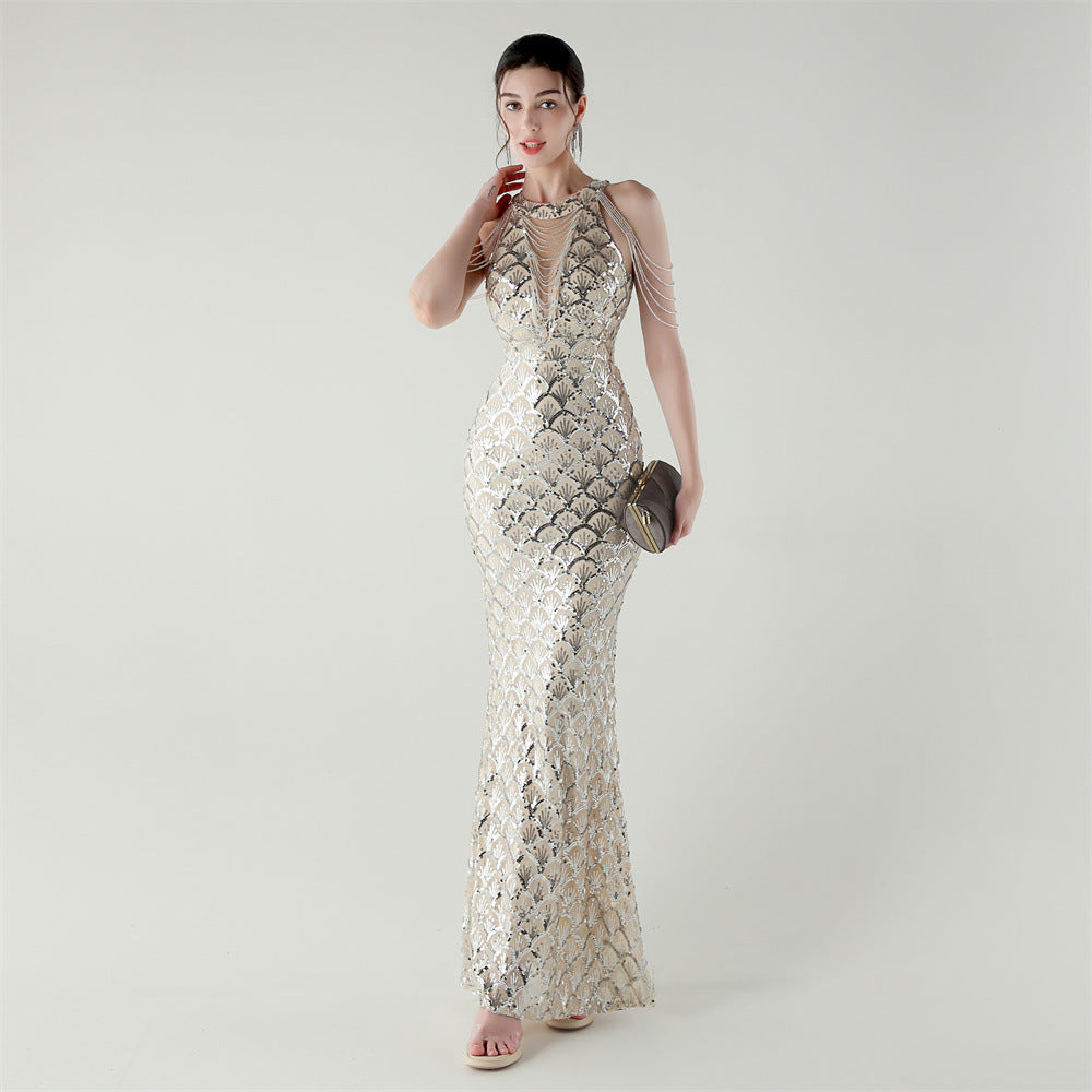 2025 High-Neck Draped Gown with Chain Detail & Scale Sequins