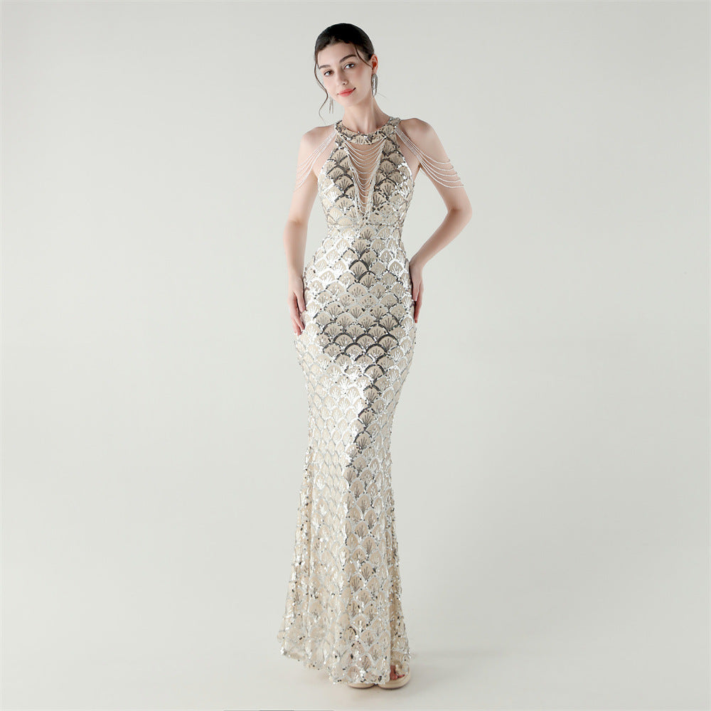 2025 High-Neck Draped Gown with Chain Detail & Scale Sequins