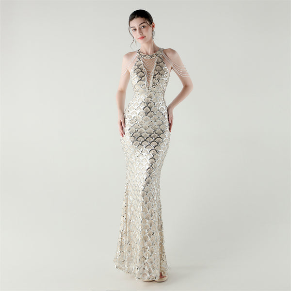 2025 High-Neck Draped Gown with Chain Detail & Scale Sequins