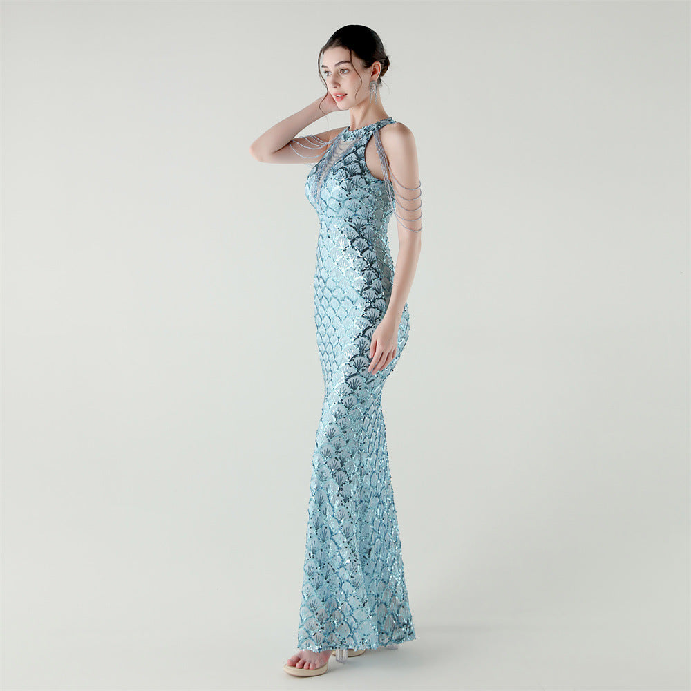 2025 High-Neck Draped Gown with Chain Detail & Scale Sequins