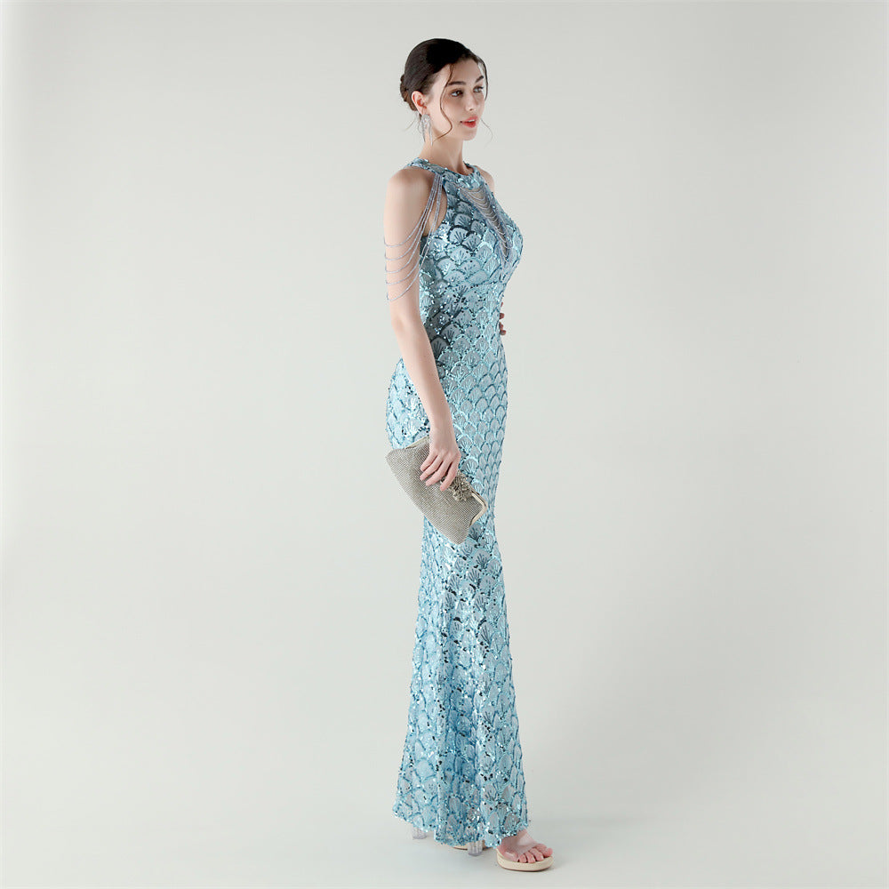 2025 High-Neck Draped Gown with Chain Detail & Scale Sequins