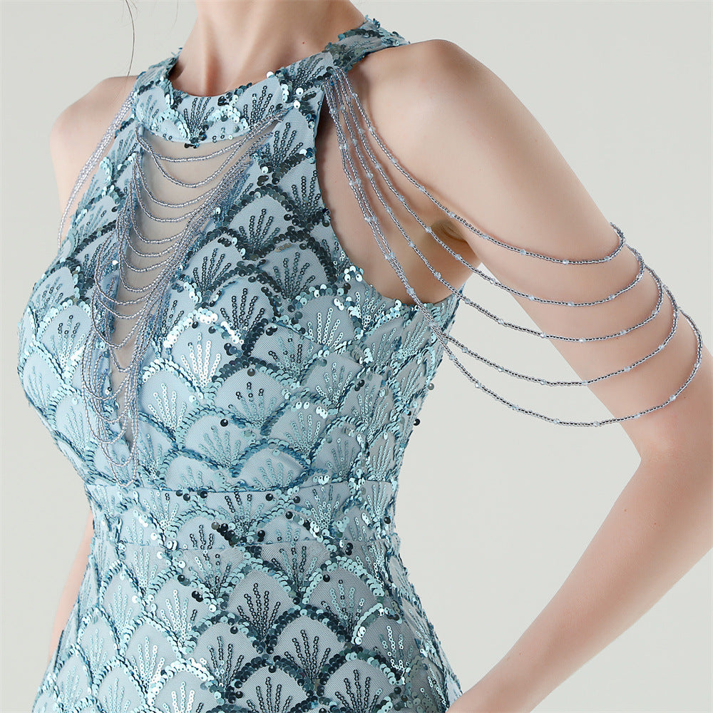 2025 High-Neck Draped Gown with Chain Detail & Scale Sequins