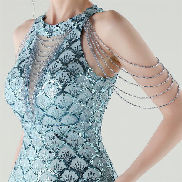 2025 High-Neck Draped Gown with Chain Detail & Scale Sequins