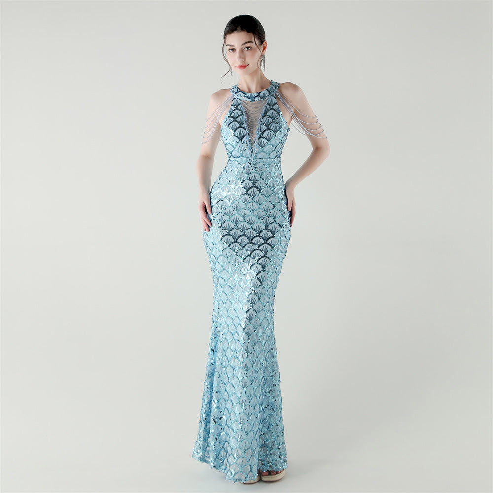 2025 High-Neck Draped Gown with Chain Detail & Scale Sequins