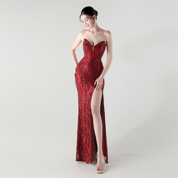 2025 Sweetheart Neckline Sequin Gown with Boned Corset & Heavy Beadwork
