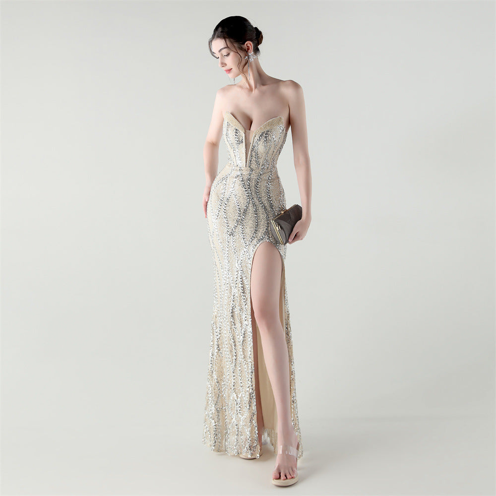 2025 Sweetheart Neckline Sequin Gown with Boned Corset & Heavy Beadwork