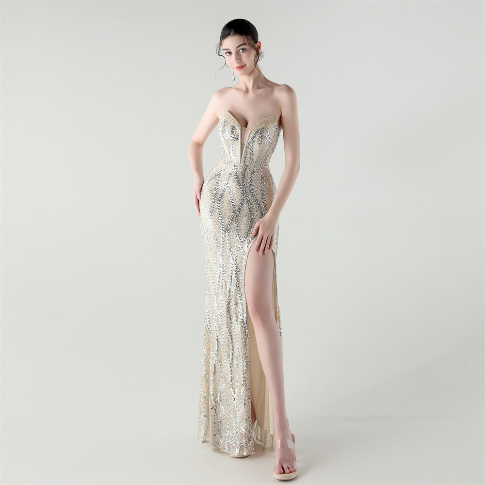 2025 Sweetheart Neckline Sequin Gown with Boned Corset & Heavy Beadwork