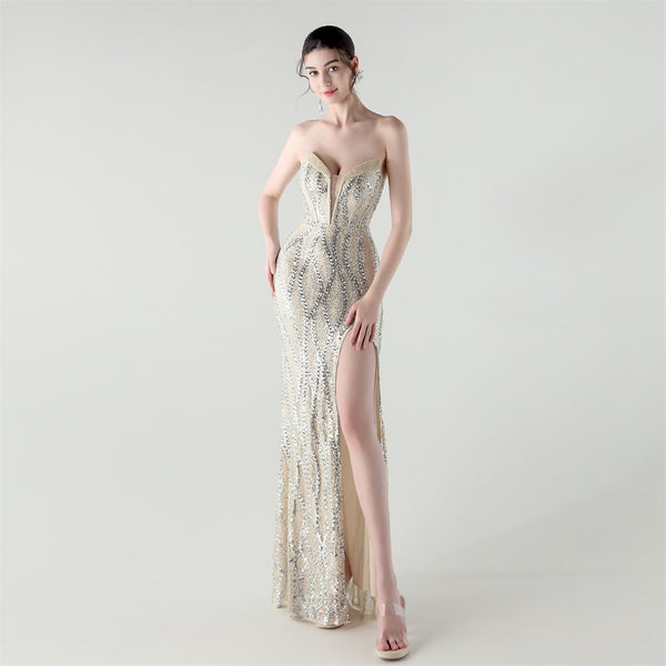 2025 Sweetheart Neckline Sequin Gown with Boned Corset & Heavy Beadwork