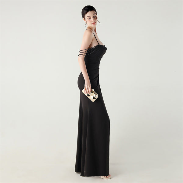 Deep V Neckline Gown with Boned Corset, Lacing & Pleated Detail