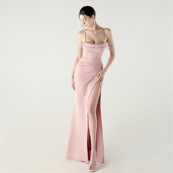 Deep V Neckline Gown with Boned Corset, Lacing & Pleated Detail