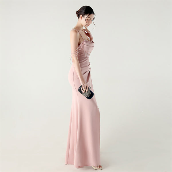 Deep V Neckline Gown with Boned Corset, Lacing & Pleated Detail