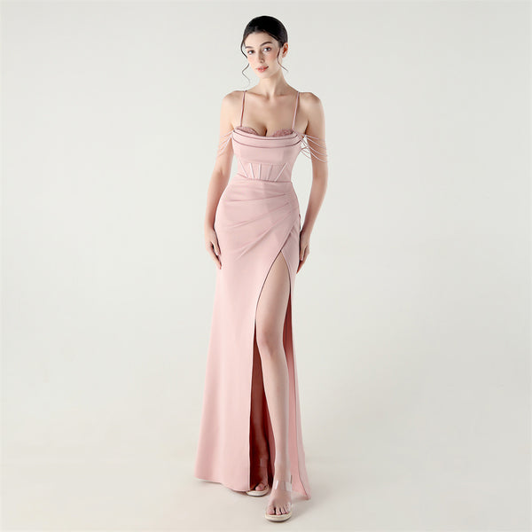 Deep V Neckline Gown with Boned Corset, Lacing & Pleated Detail