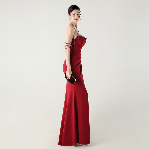 Deep V Neckline Gown with Boned Corset, Lacing & Pleated Detail